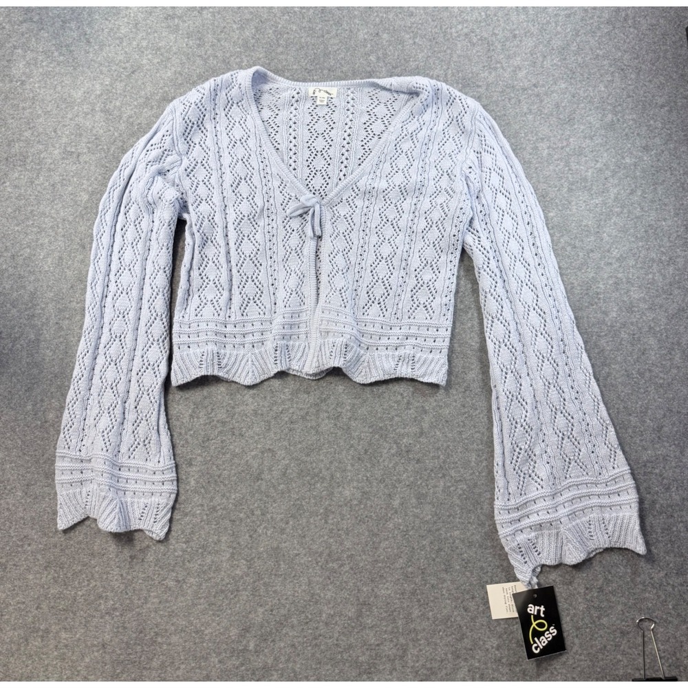 Art Class Girls XL Light Blue Pointelle Knit Cardigan Bell Sleeve Tie Front NWT